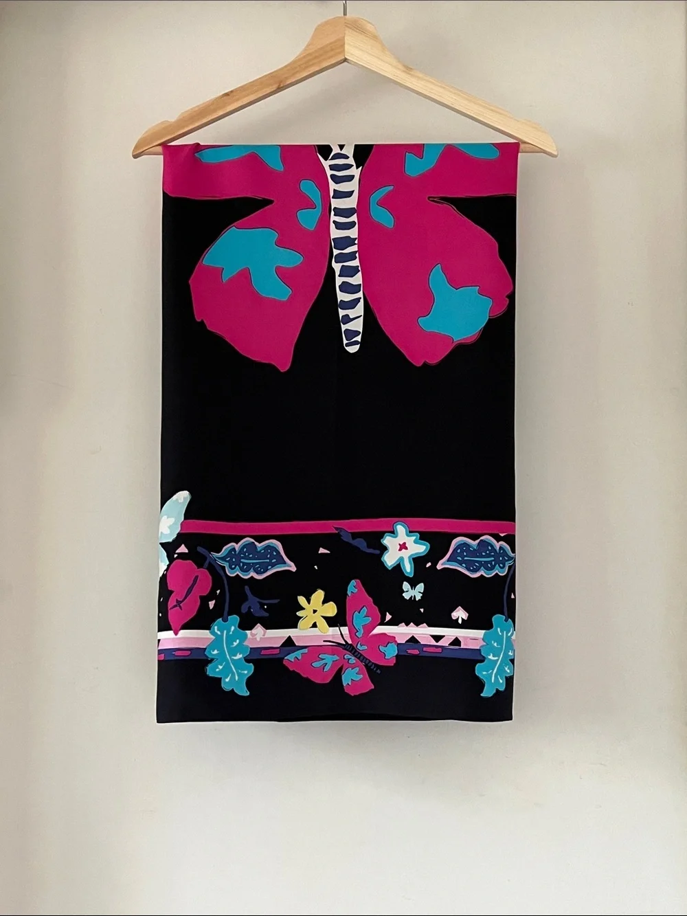 Very Vollbrach Silk Scarf Large Butterfly Floral Black Pink Blue Designer  Scarf